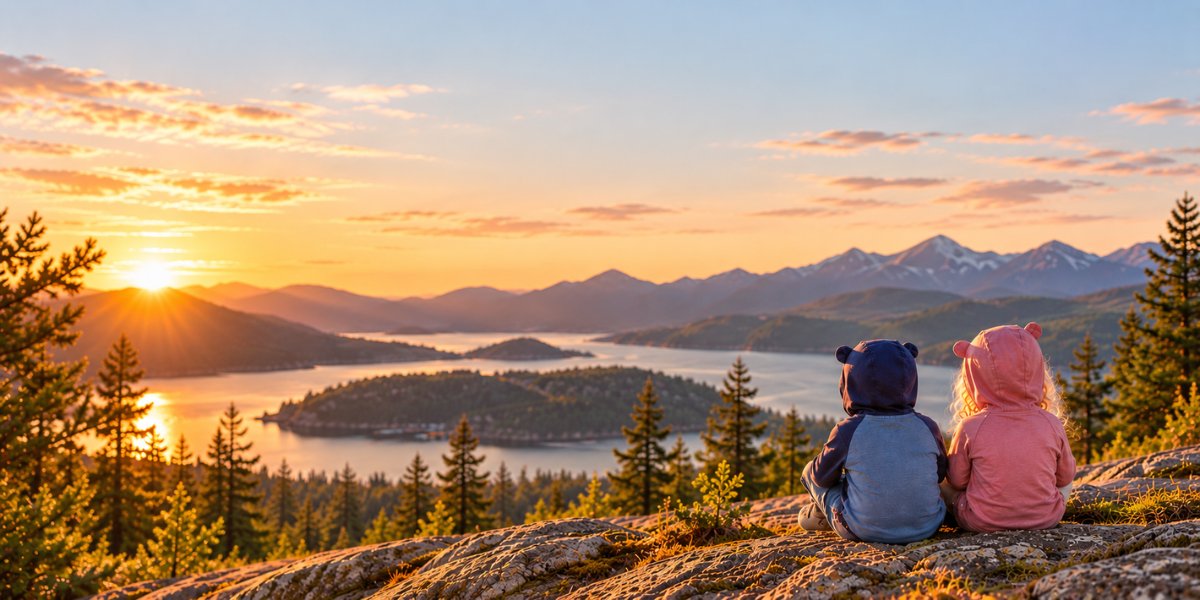 Two little explorers in bear-ear sun hoodies watching the sunset over a mountain lake